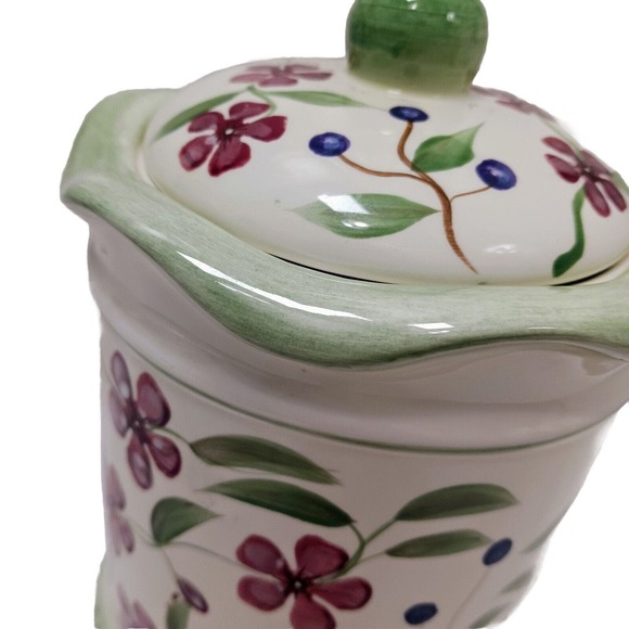 Vntg Hand Painted Ceramic Canister w Lid Butterfly Berries Flowers WHITE GREEN - Picture 4 of 16